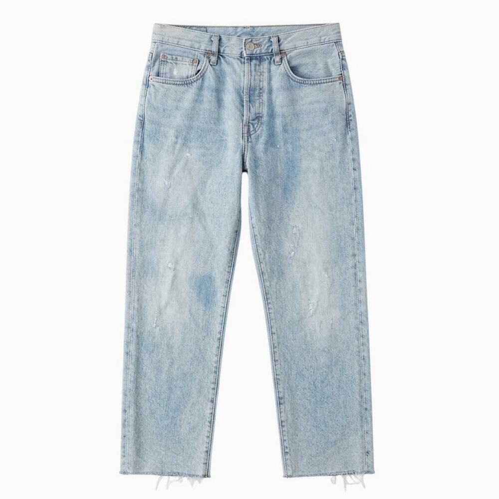 Mango Havana High Rise Straight Cropped Jeans Women 8 Light Wash Raw Hem Denim